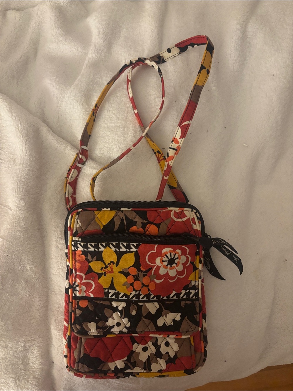 Vera Bradley Red, Yellow & Brown Floral / Houndstooth Quilted Crossbody Bag